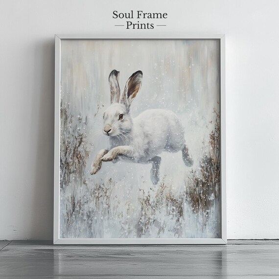 Winter Snow Hare Wall Art White Rabbit Wildlife Scene Nordic Animal Decor Nature Illustration Neutral Tones 455