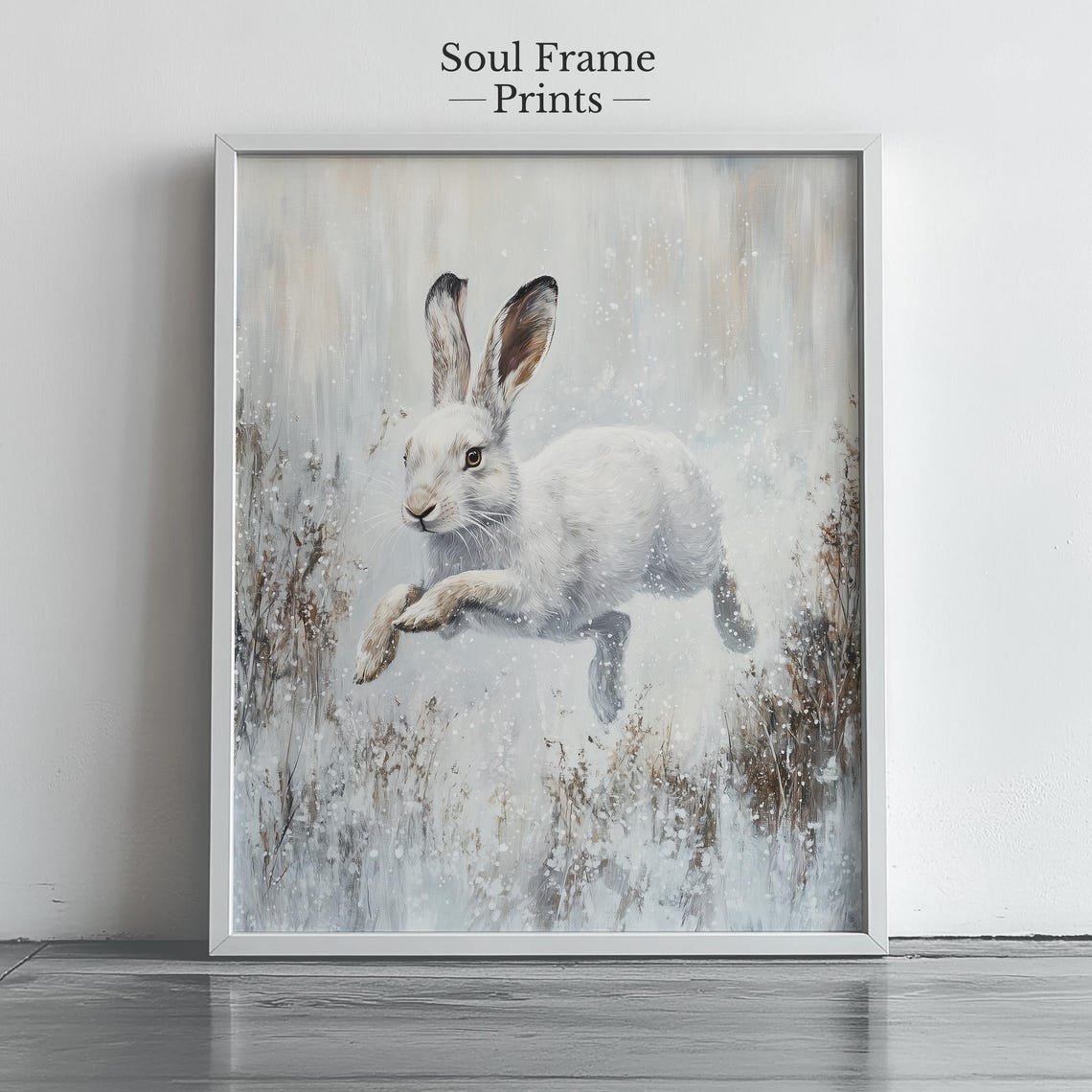 Winter Snow Hare Wall Art White Rabbit Wildlife Scene Nordic Animal Decor Nature Illustration Neutral Tones 455