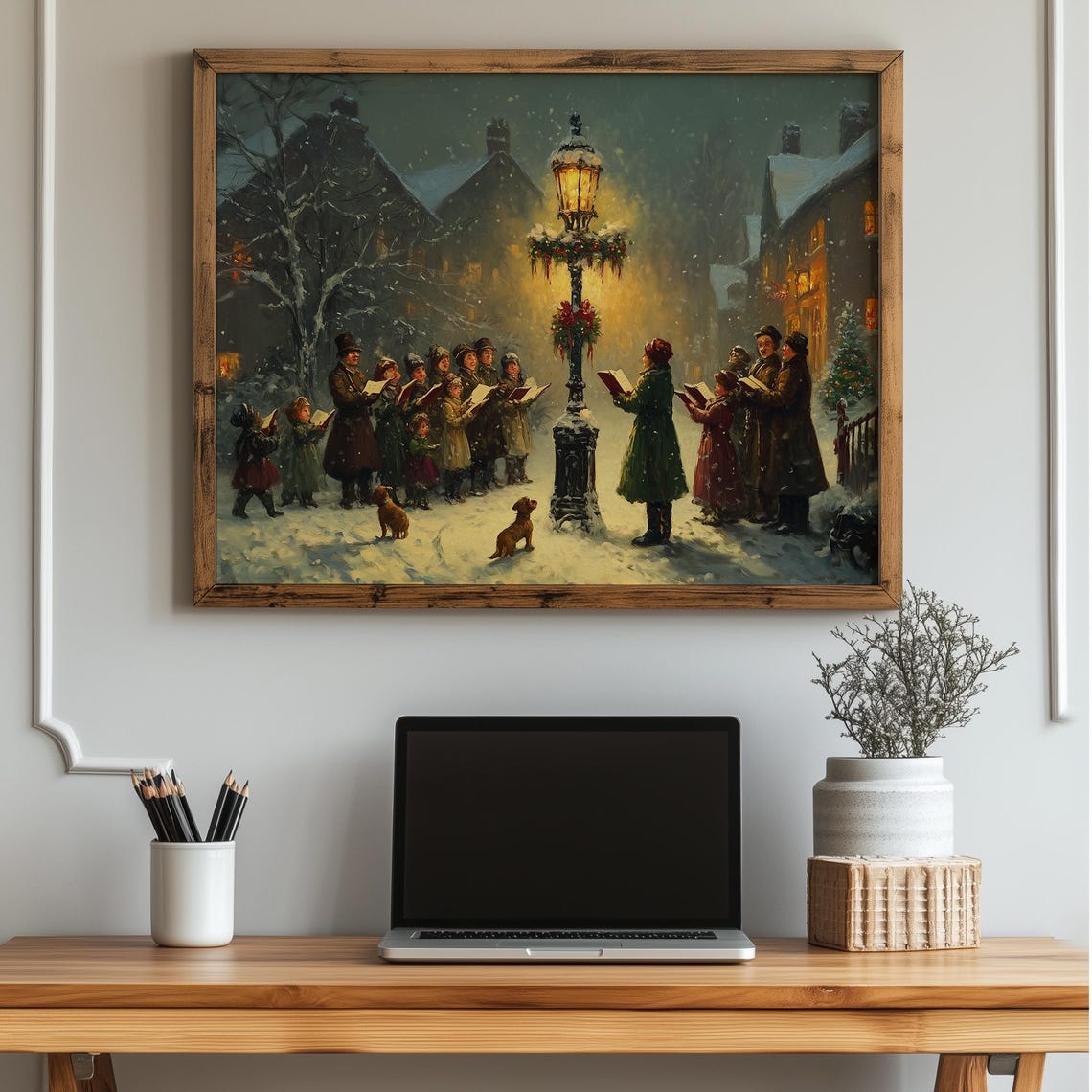 Victorian Christmas Carolers Lamppost Snowy Village Night Poster