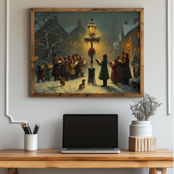 Victorian Christmas Carolers Lamppost Snowy Village Night Poster