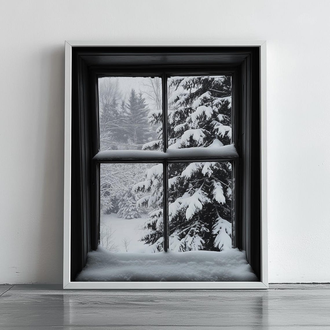 Snowy Evergreen Through Black Window Monochrome Winter Poster