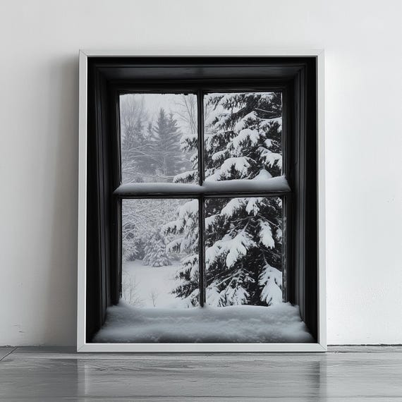 Winter Window View Moody Black And White Snow Scene Rustic Landscape Art Cozy Holiday Decor Wall 357