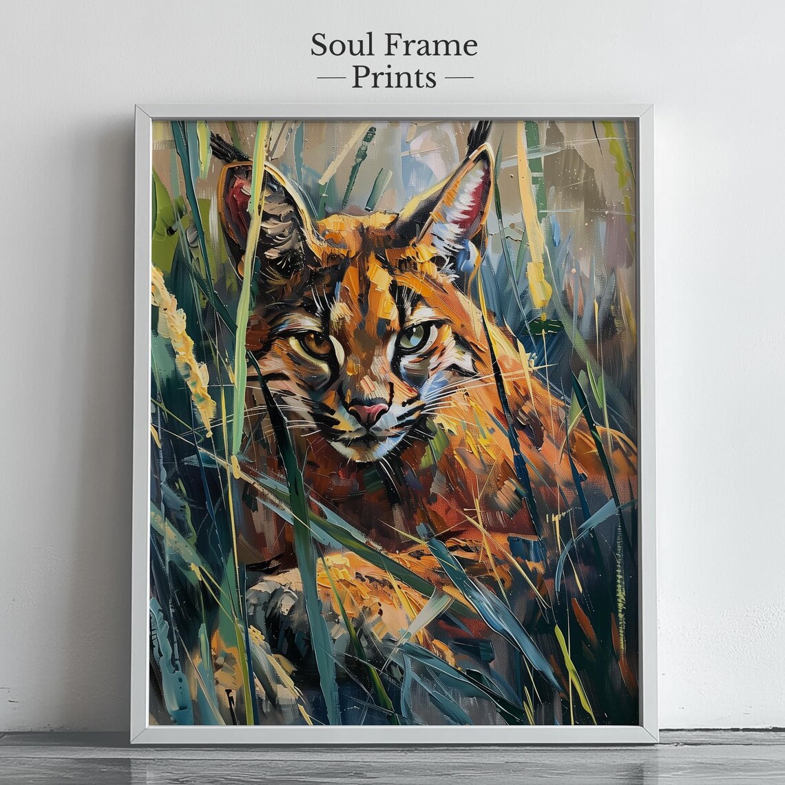 Caracal in Tall Grass Vivid Contemporary Wildlife Portrait Poster