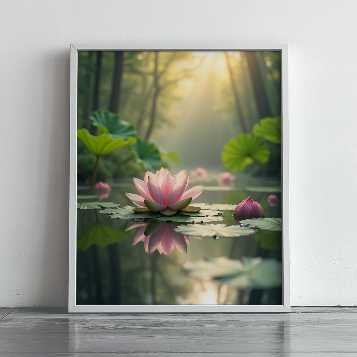 Pink Water Lily on Tranquil Pond Poster Botanical Floral Nature Decor