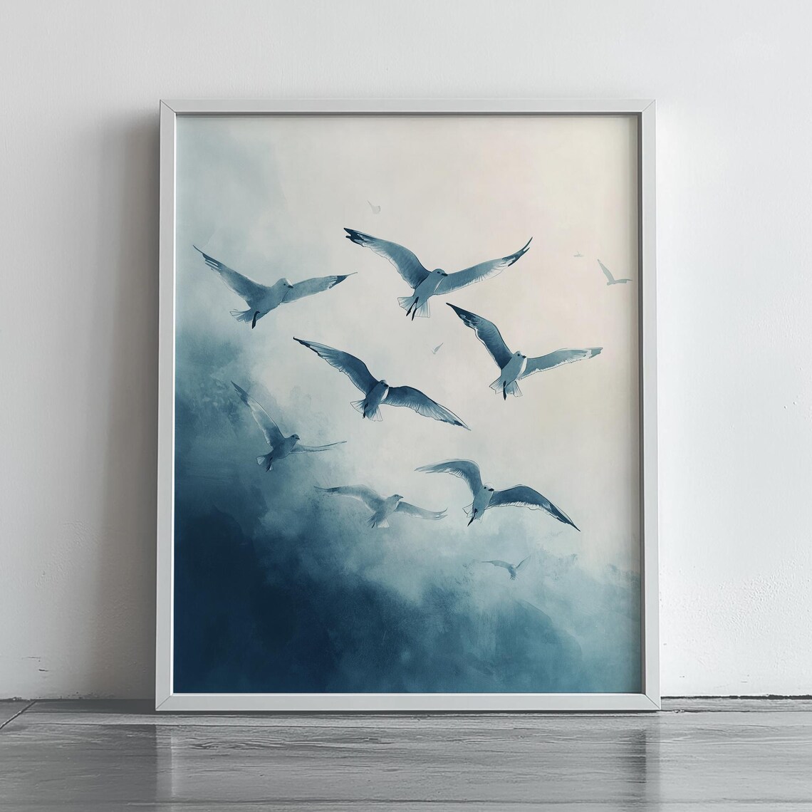 Seagulls Soaring Blue Watercolor Sky Peaceful Bird Flight Art Poster