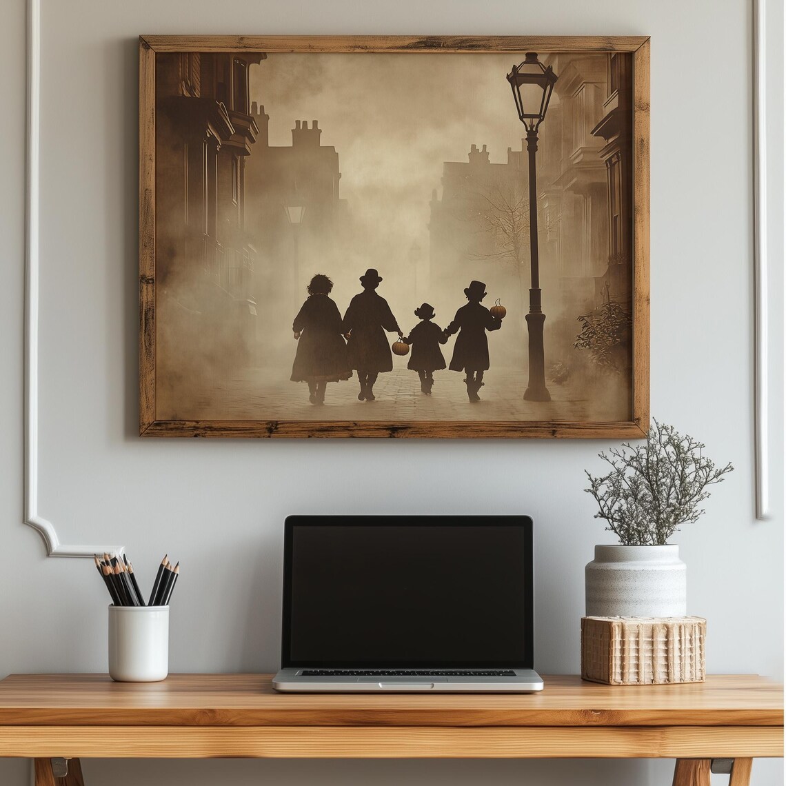 Victorian Children Trick-or-Treating on Foggy Street Art Print