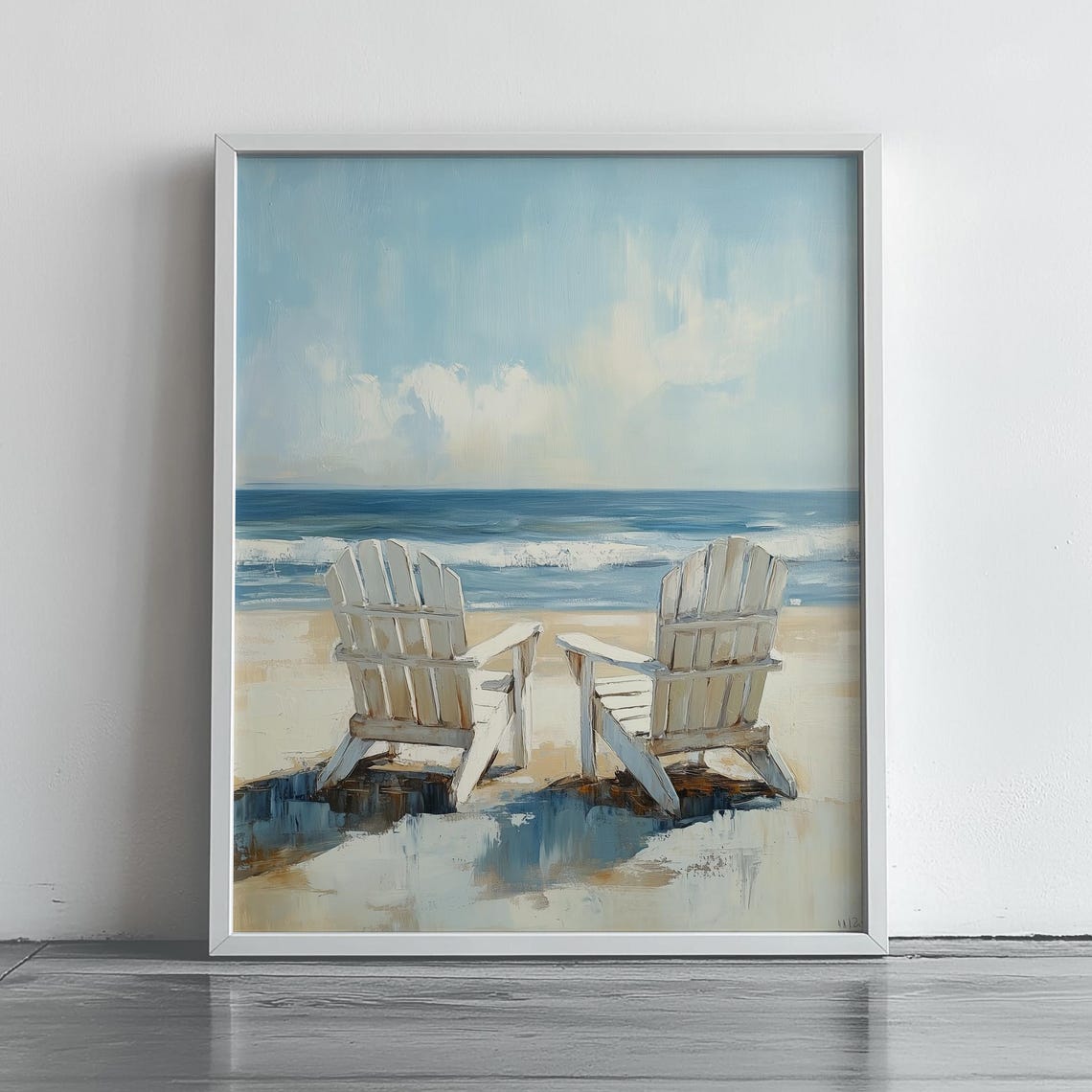 Two White Adirondack Chairs Facing Ocean Sandy Beach Painting Poster