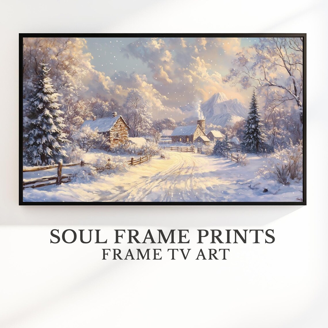 Snowy Rustic Village Sunrise Log Cabins Mountain Winter Scene Poster