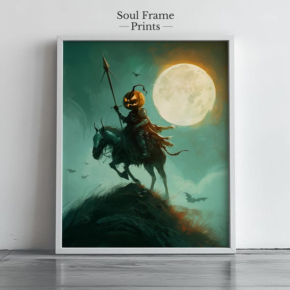 Ghostly Knight On Horseback Moonlit Night Art Spooky Medieval Fantasy Scene Halloween Wall Decor Eerie Print 565