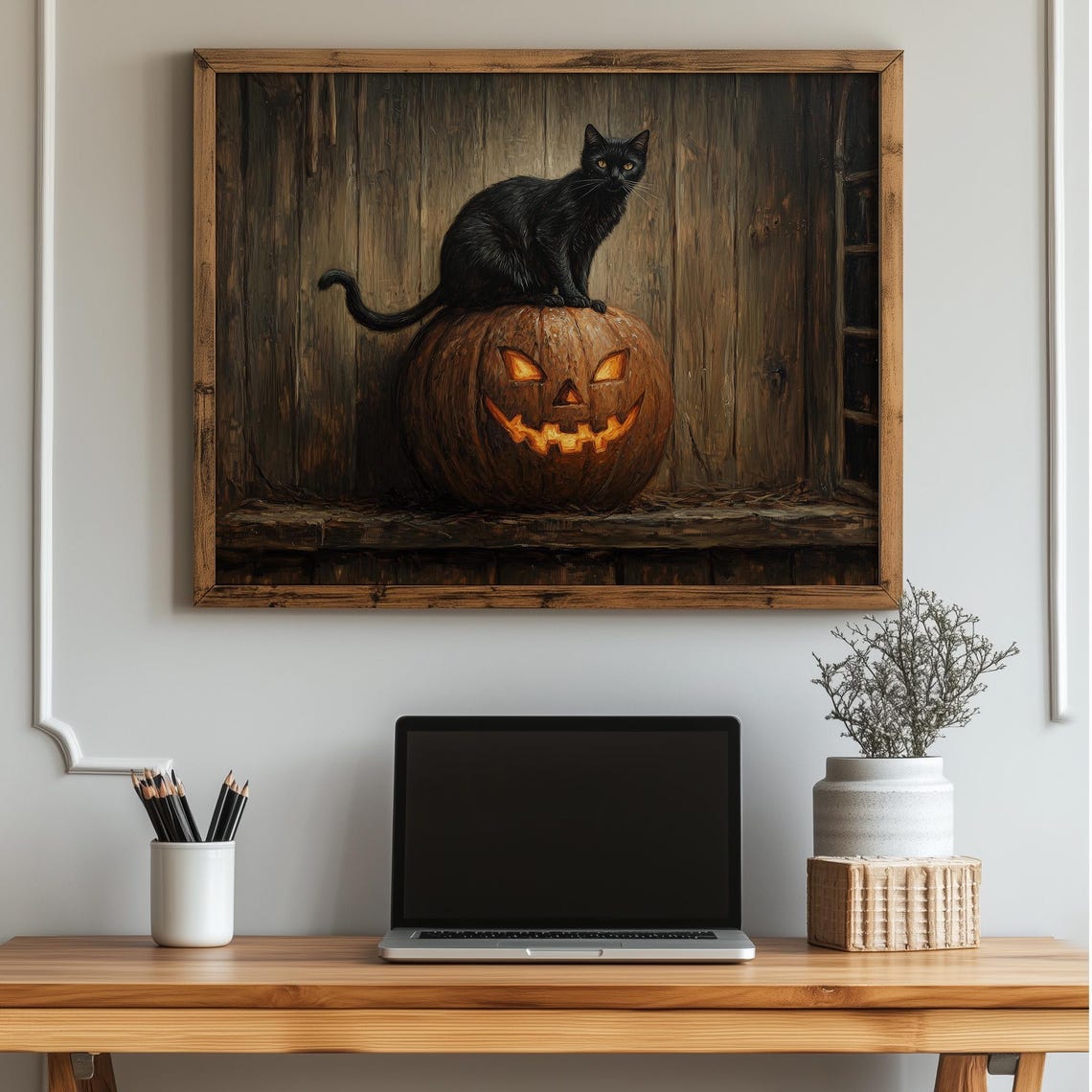 Black Cat on a Glowing Jack-O-Lantern Vintage Halloween Poster
