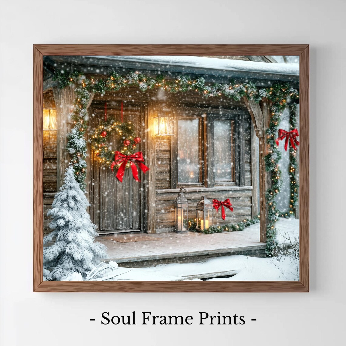 Rustic Farmhouse Porch at Christmas With Wreath and Bows Poster