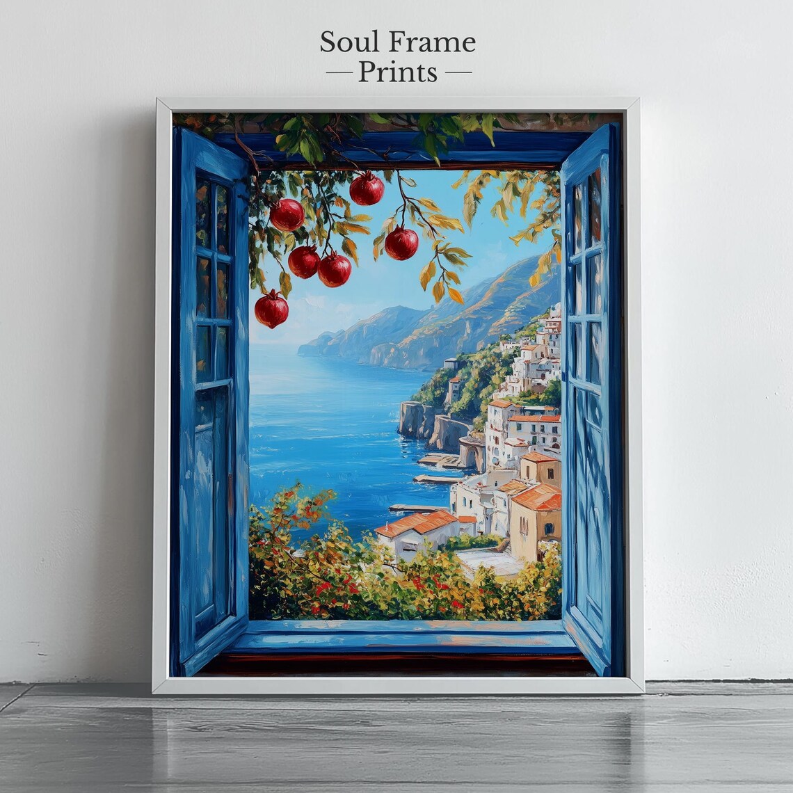 Amalfi Coast Blue Window View Painting Pomegranates Seaside Wall Art