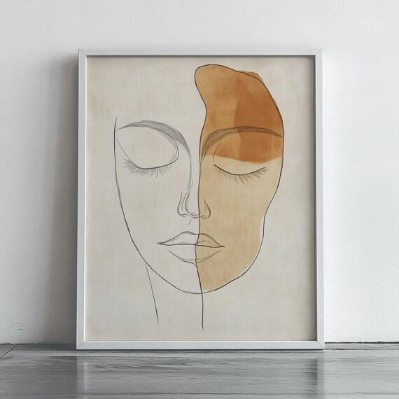 Minimalist Line Art Face Earthy Watercolor Neutral Portrait Poster