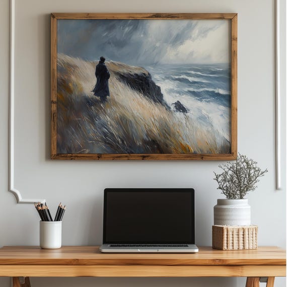 Dramatic Coastal Landscape With Stormy Seas Wall Art Moody Ocean Scene Rustic Decor Waves Painting 77