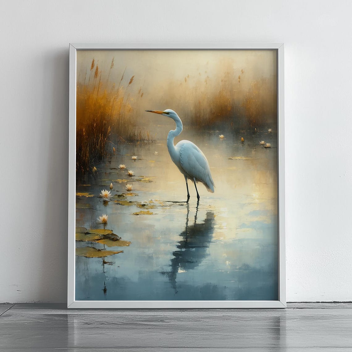White Egret in Misty Pond Water Lilies Serene Painting Poster