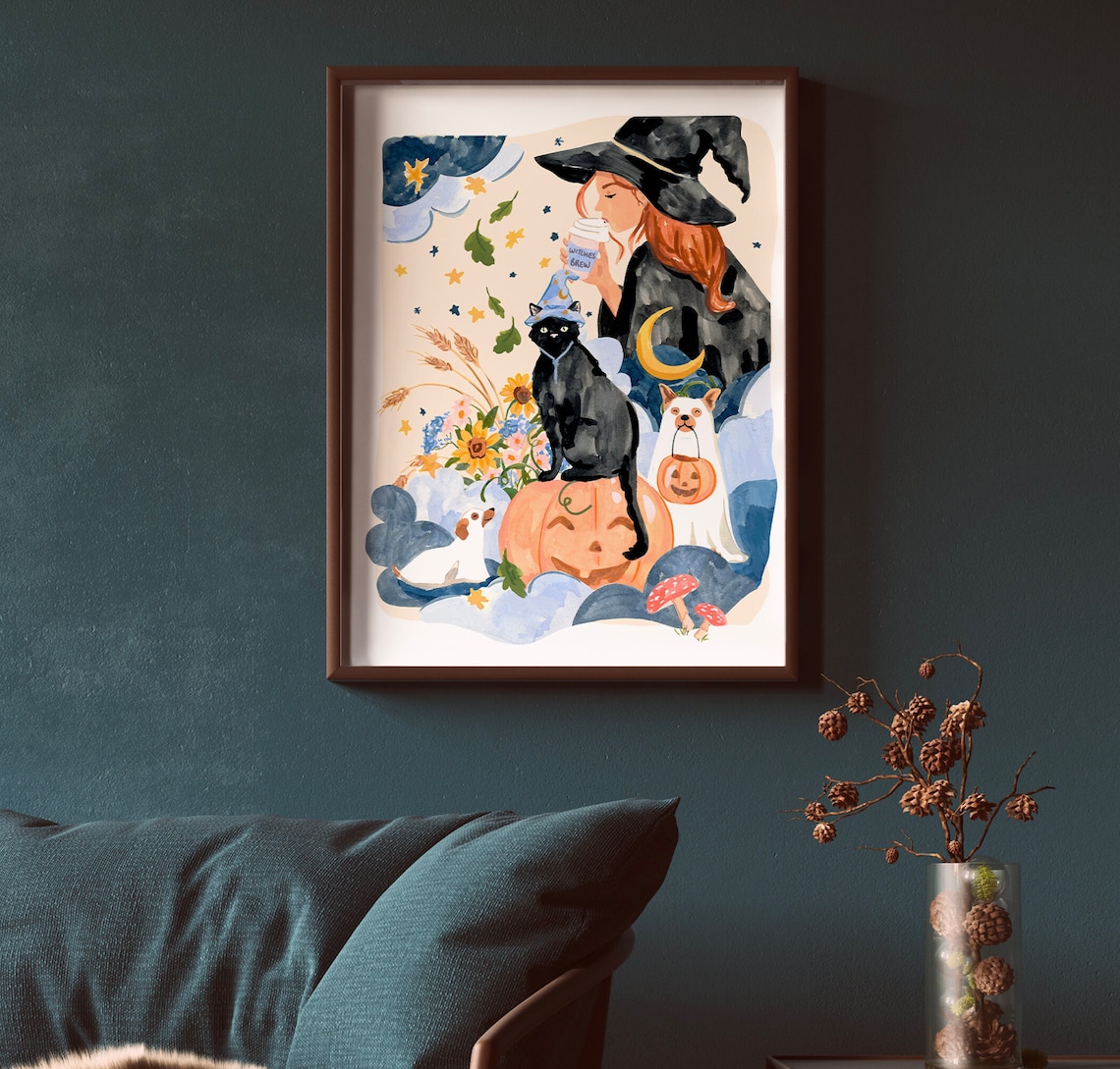 Halloween Witch Black Cat and Ghost Dogs Art Print - Image 2