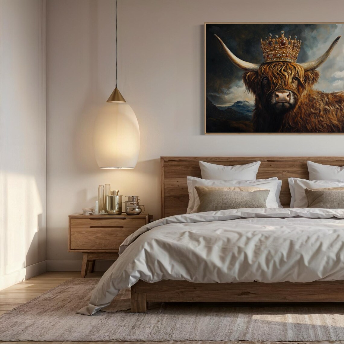 Highland Cow Wearing Jeweled Gold Crown Under Stormy Sky Poster - Image 6