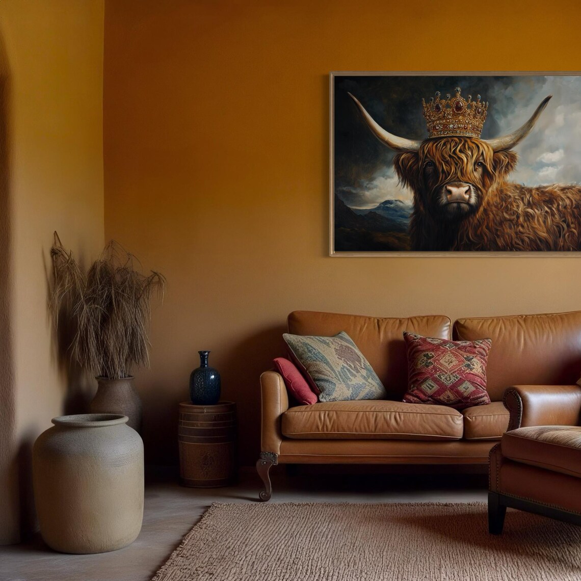 Highland Cow Wearing Jeweled Gold Crown Under Stormy Sky Poster - Image 5