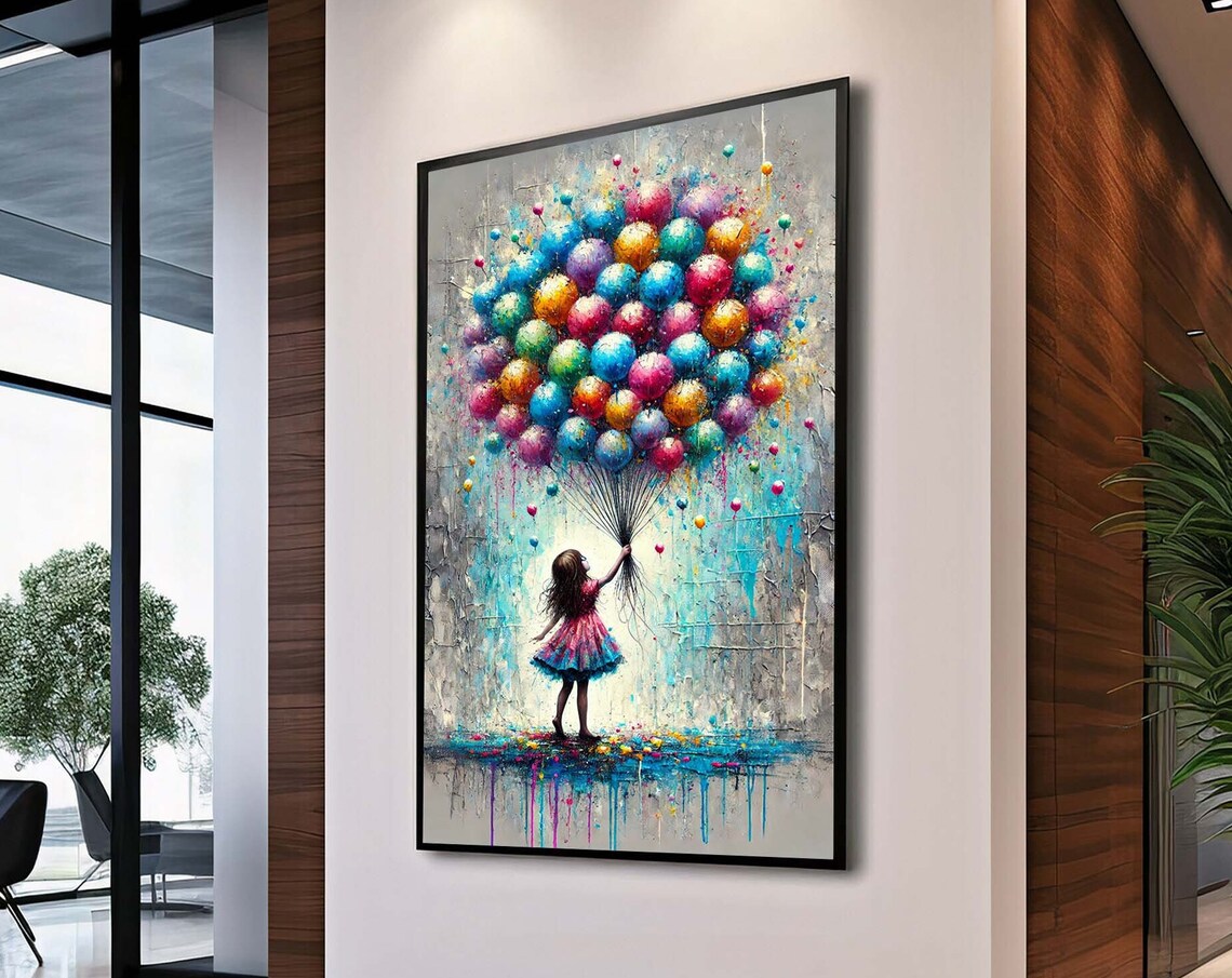 Colorful Balloon Girl Modern Wall Art Print