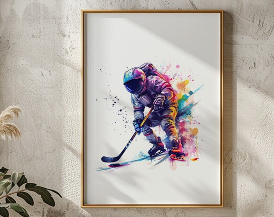 Astronaut Ice Hockey Player Colorful Space Watercolor Poster