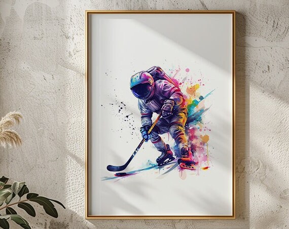 Astronaut Ice Hockey Player Colorful Space Watercolor Poster