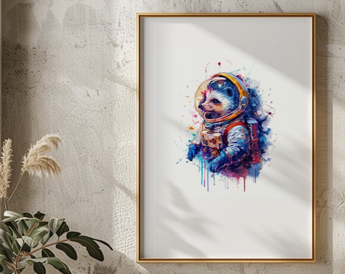 Hedgehog Astronaut Watercolor Spiky Space Suit Animal Art Poster