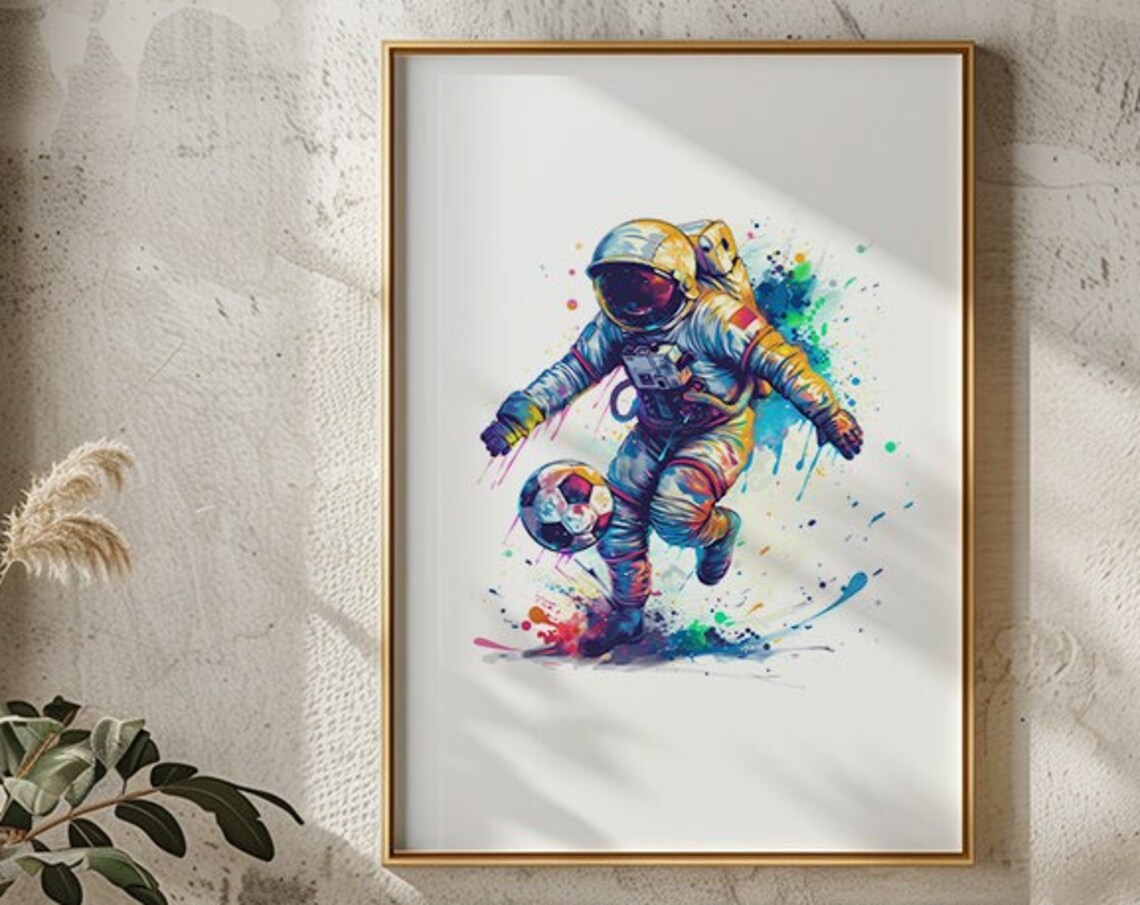 Astronaut Dribbling Soccer Ball Colorful Space Watercolor Poster