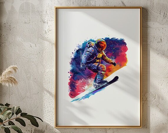 Astronaut Snowboarding In Watercolor With Galaxy Burst Poster