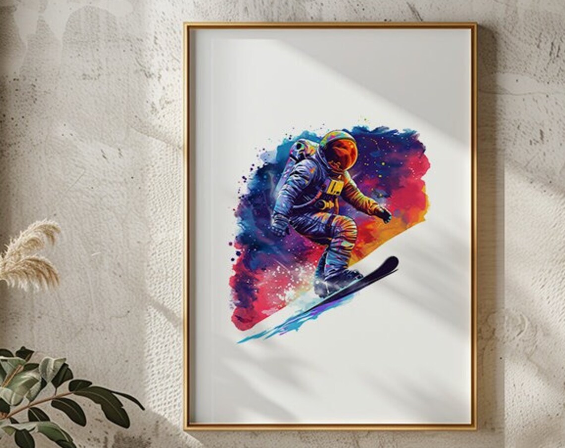 Astronaut Snowboarding In Watercolor With Galaxy Burst Poster