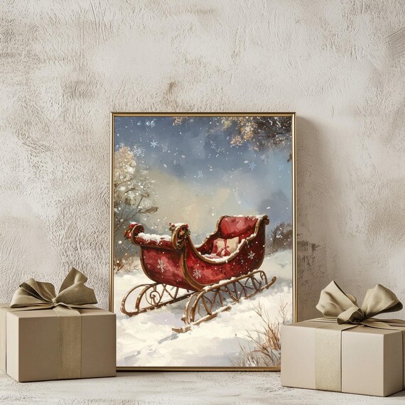 Vintage Red Sleigh in Snowy Winter Christmas Scene Painting Poster