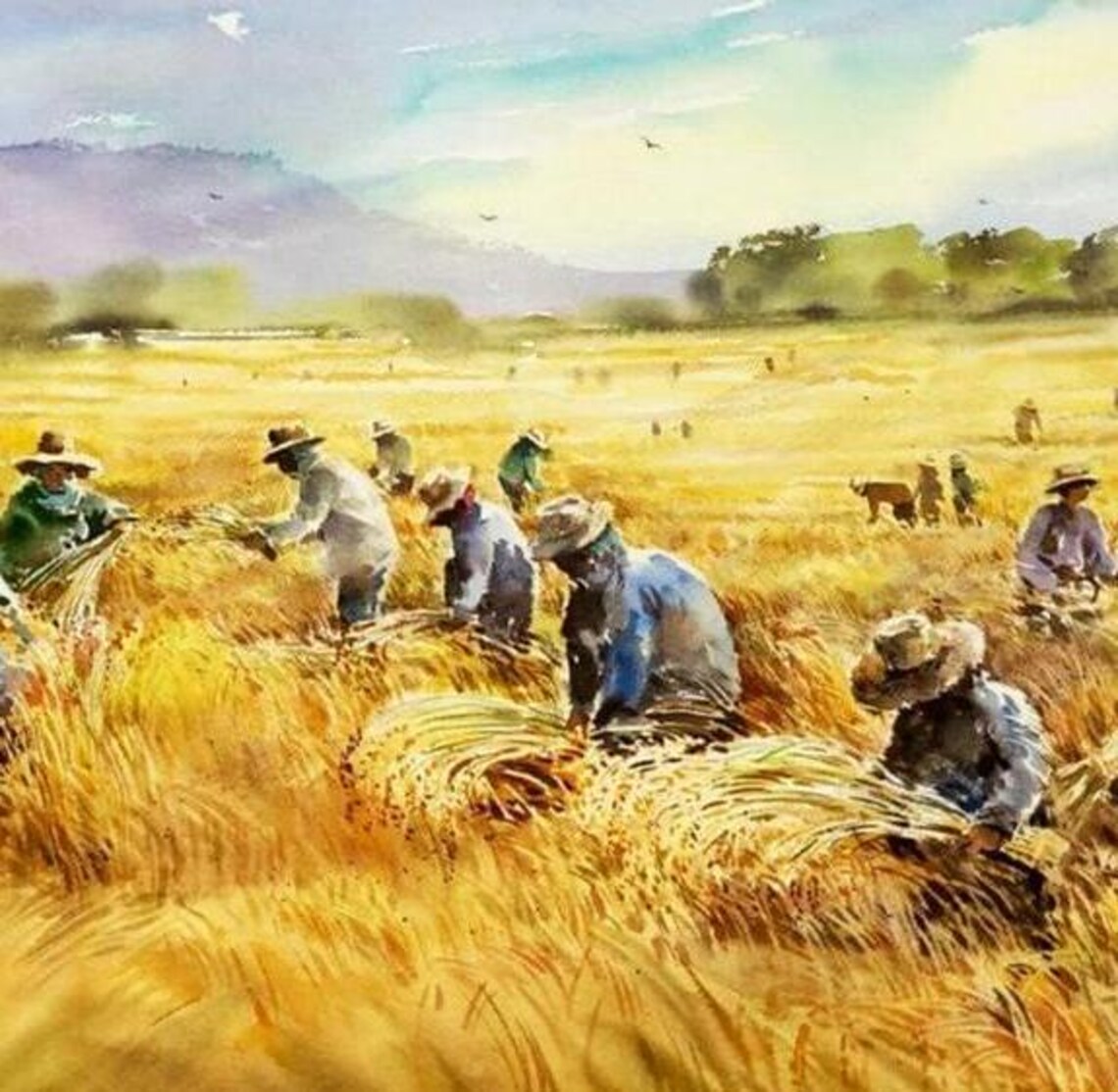 Golden Harvest Painting, Farmers At Work - Image 4