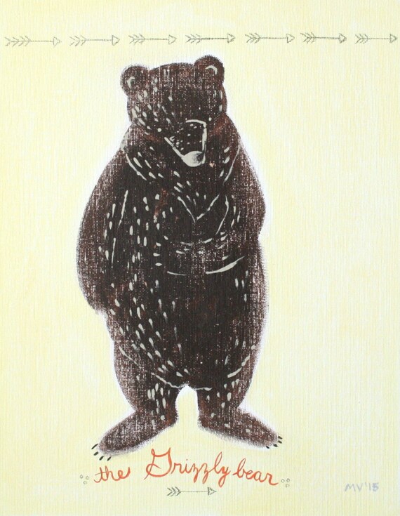 Standing Grizzly Bear Rustic Arrow Woodland Nursery Art Poster