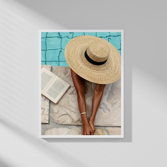 Sunbathing Woman Straw Hat Reading Poolside Summer Escape Poster