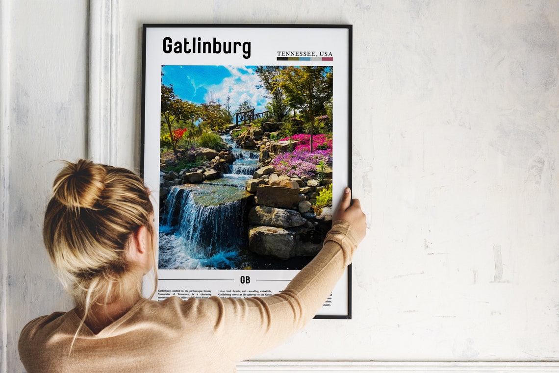 Gatlinburg Tennessee Garden Waterfalls Pink Blooms Travel Poster - Image 2