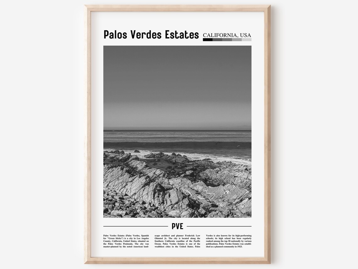 Palos Verdes Estates Black And White Rocky Coast Ocean Travel Poster