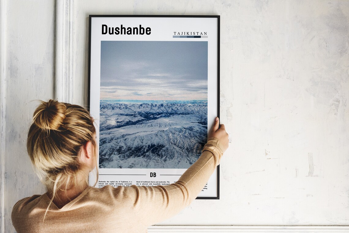 Dushanbe Tajikistan Snowy Mountain Aerial Minimal Travel Poster - Image 2