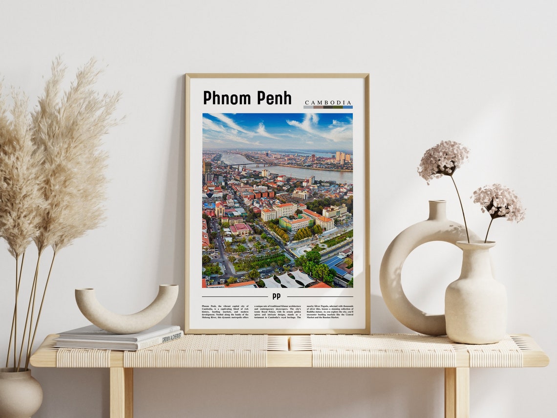 Phnom Penh Cambodia Aerial City River View Travel Poster Art - Image 3