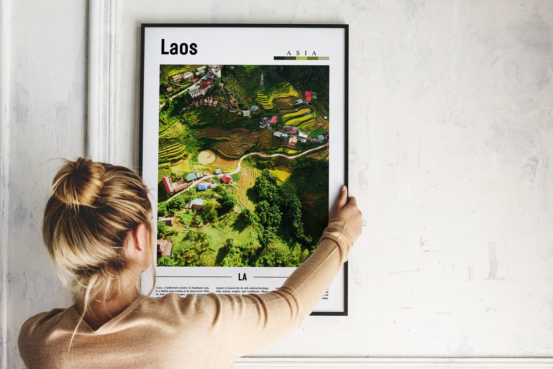 Laos Asia Rice Terraces Aerial Village Modern Travel Photo Poster - Image 2