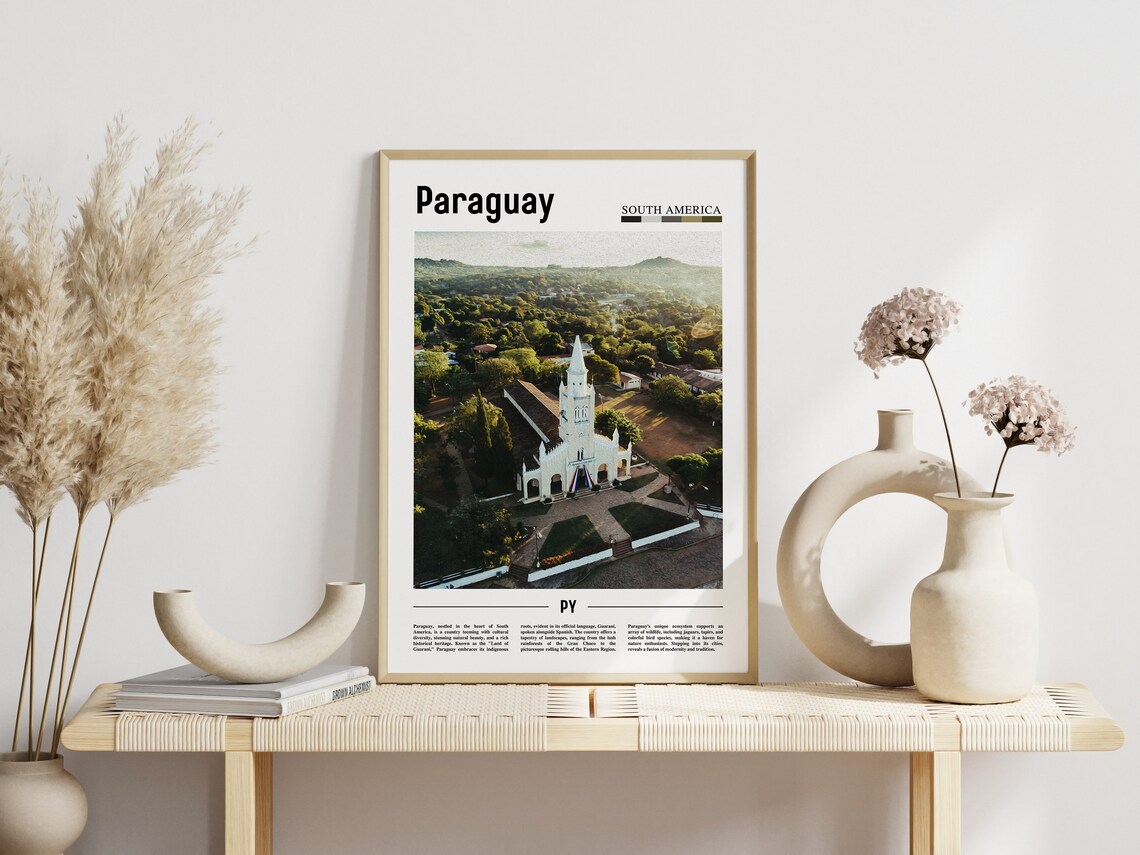 Paraguay White Colonial Church Aerial Green Landscape Travel Poster - Image 3