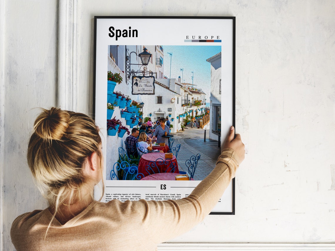 Spain Whitewashed Village Street Cafe Europe Travel Art Poster - Image 2