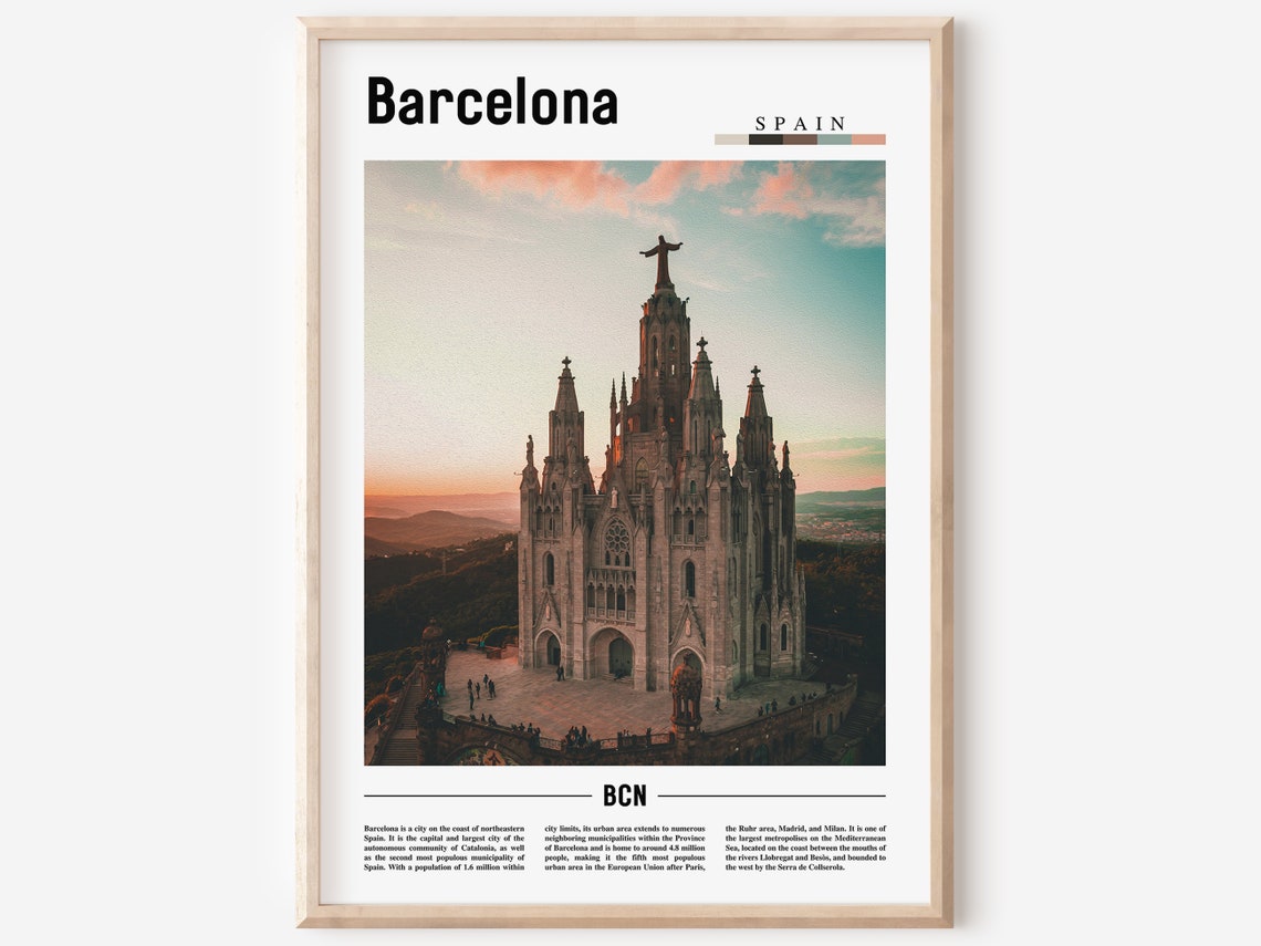 Barcelona Spain Tibidabo Church Poster Sunset Gothic Cathedral View