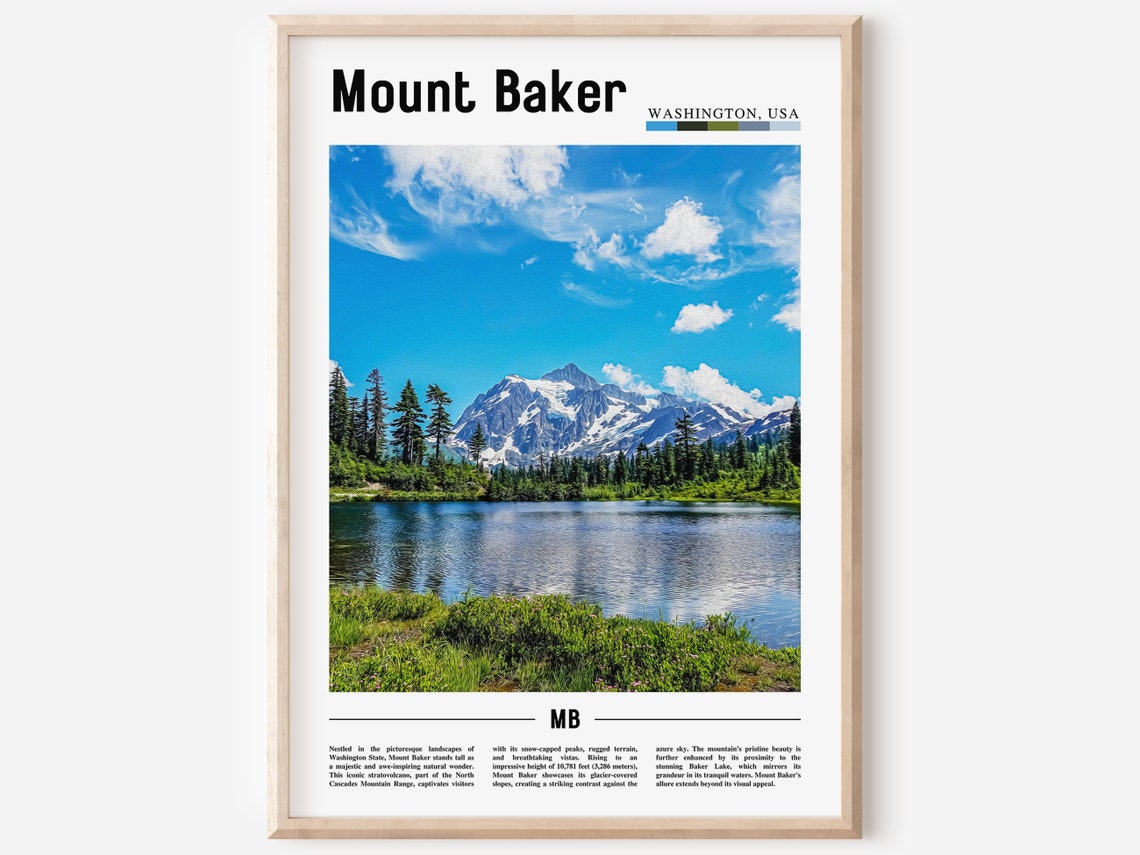 Mount Baker Washington Snow Peak Lake Minimalist Travel Poster