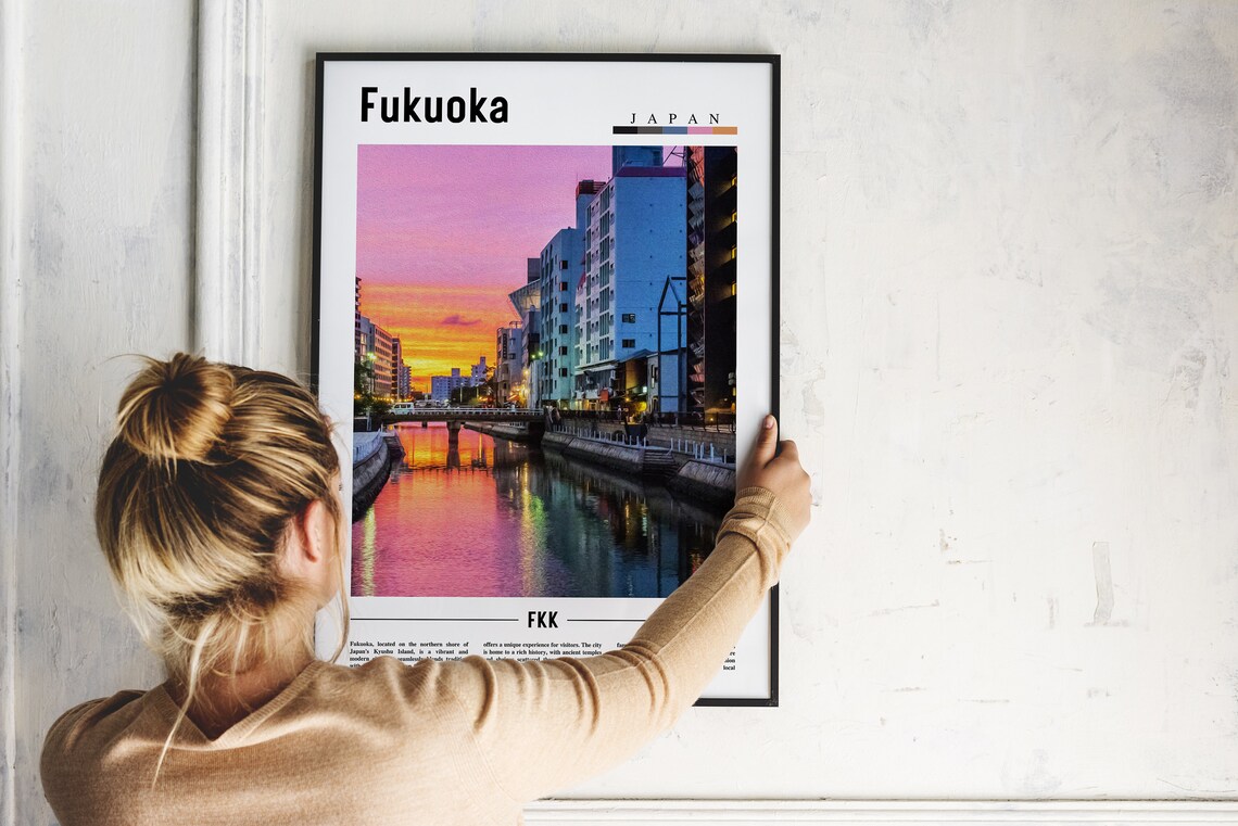 Fukuoka Japan Canal Sunset City Reflections Travel Photo Poster - Image 2