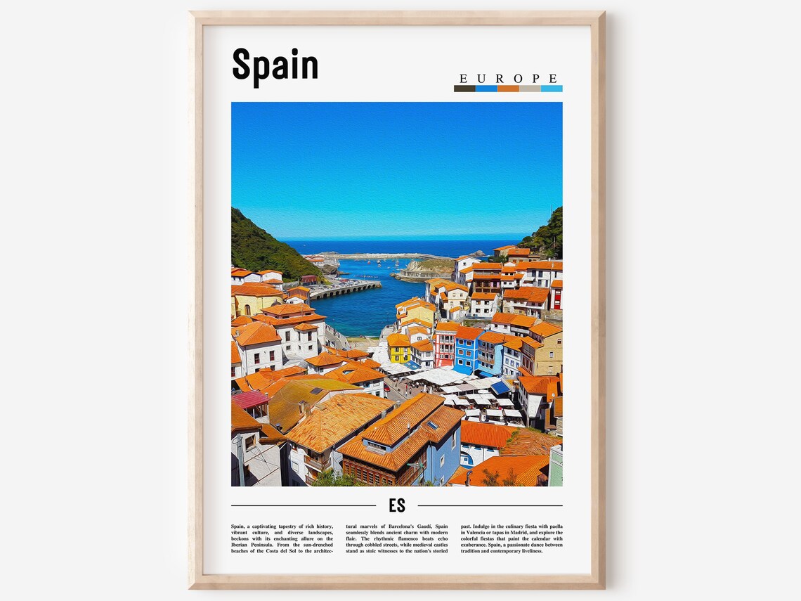 Spain Europe Coastal Town Terracotta Roofs Harbor Travel Poster