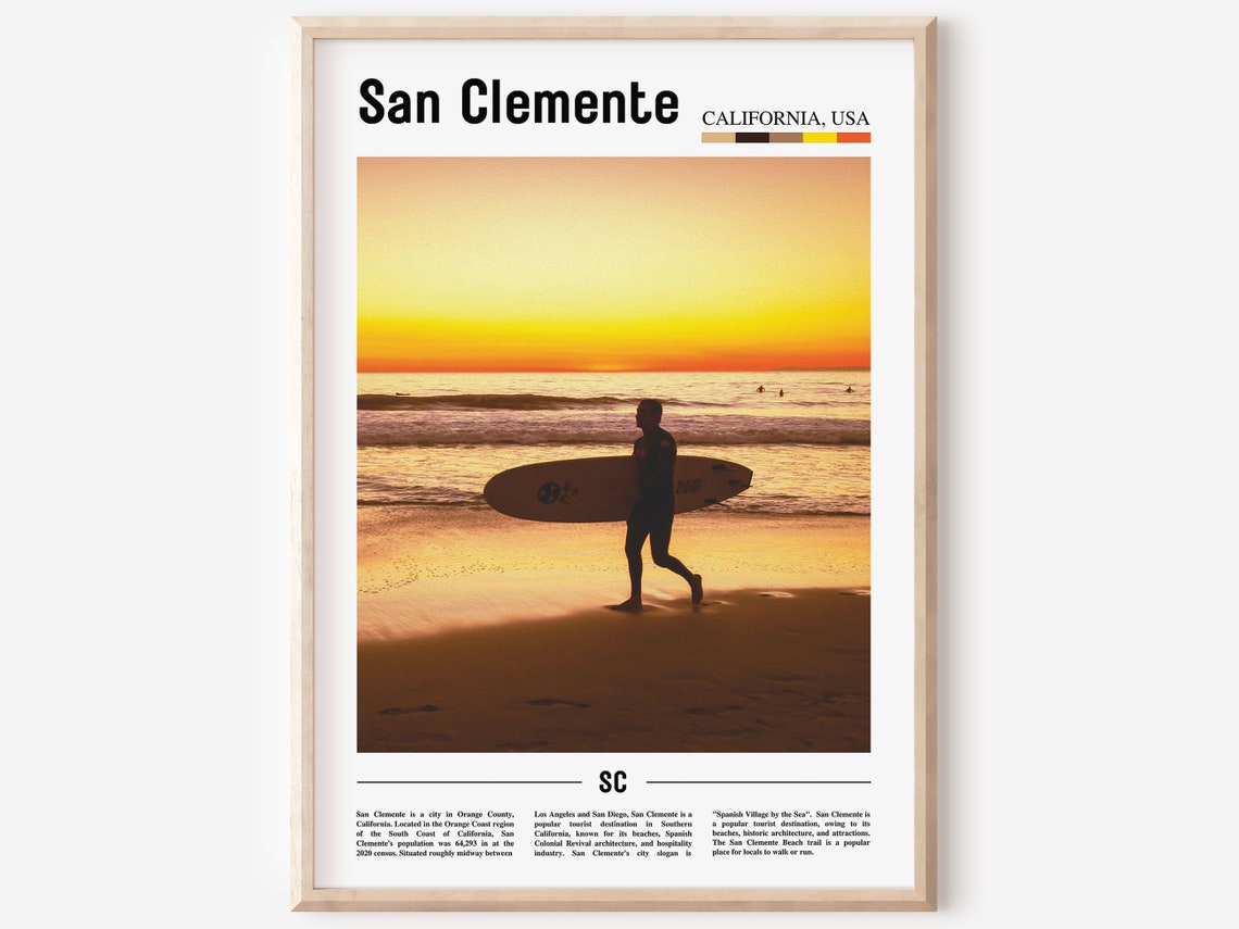San Clemente California Surfer Sunset Beach Silhouette Travel Poster