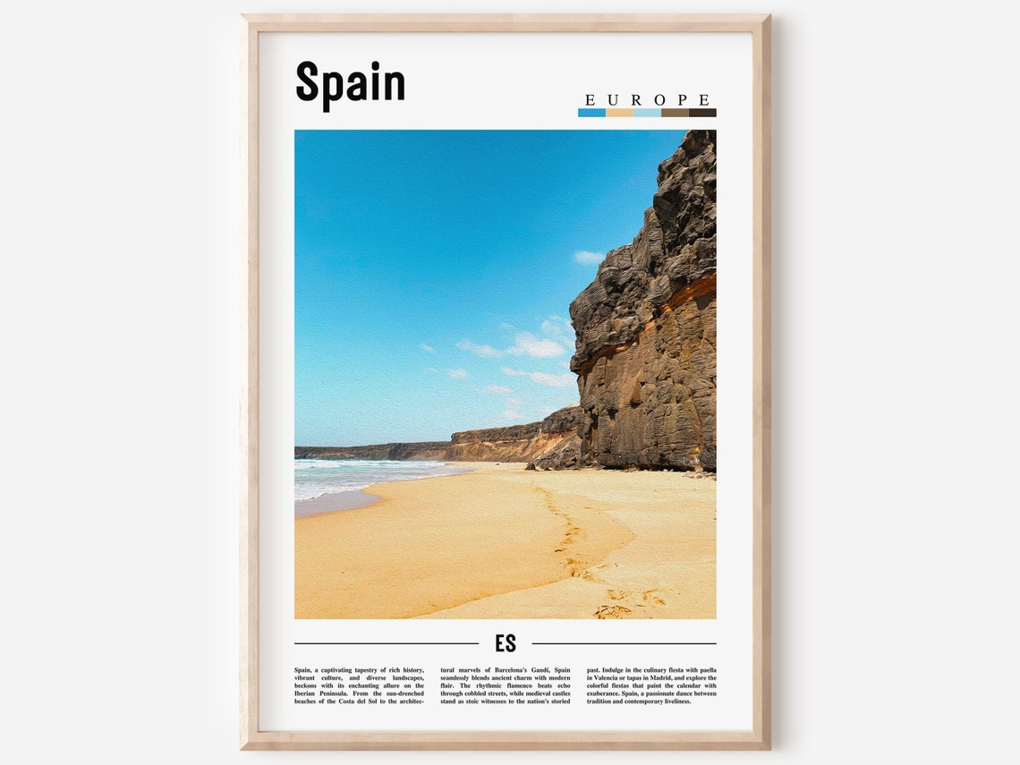 Spain Golden Beach Cliffs Poster Sunny Coastal Shoreline Travel Art