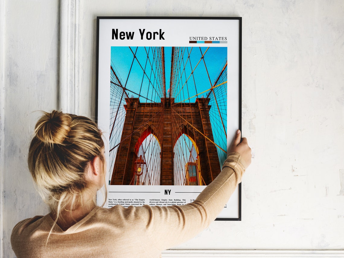 New York Brooklyn Bridge Tower Cables Skyward Color Travel Poster - Image 2