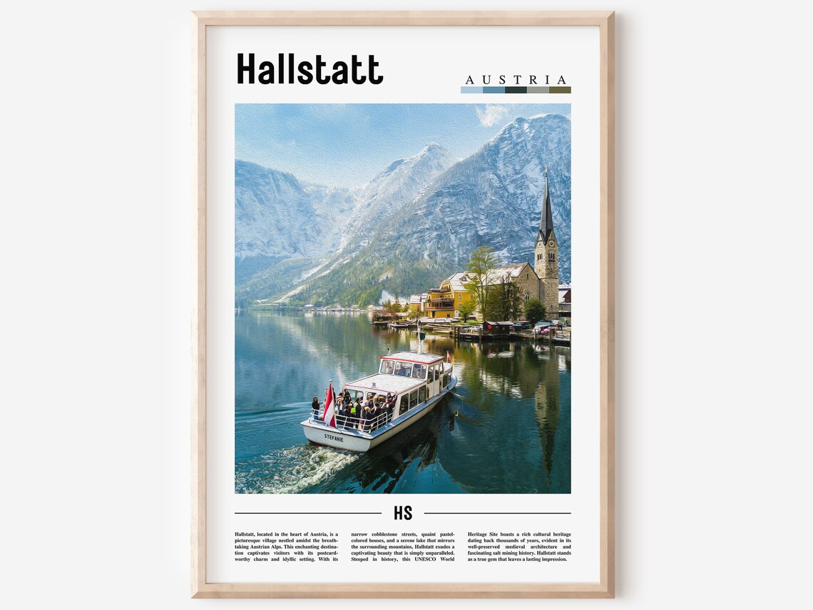 Hallstatt Austria Lakeside Village Church Boat Scenic Travel Poster