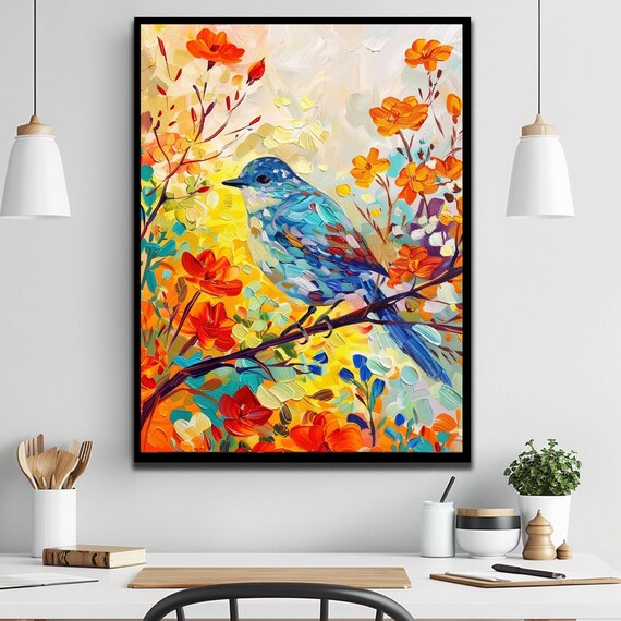 Colorful Blue Bird Wall Art with Orange Flowers in Painterly Style