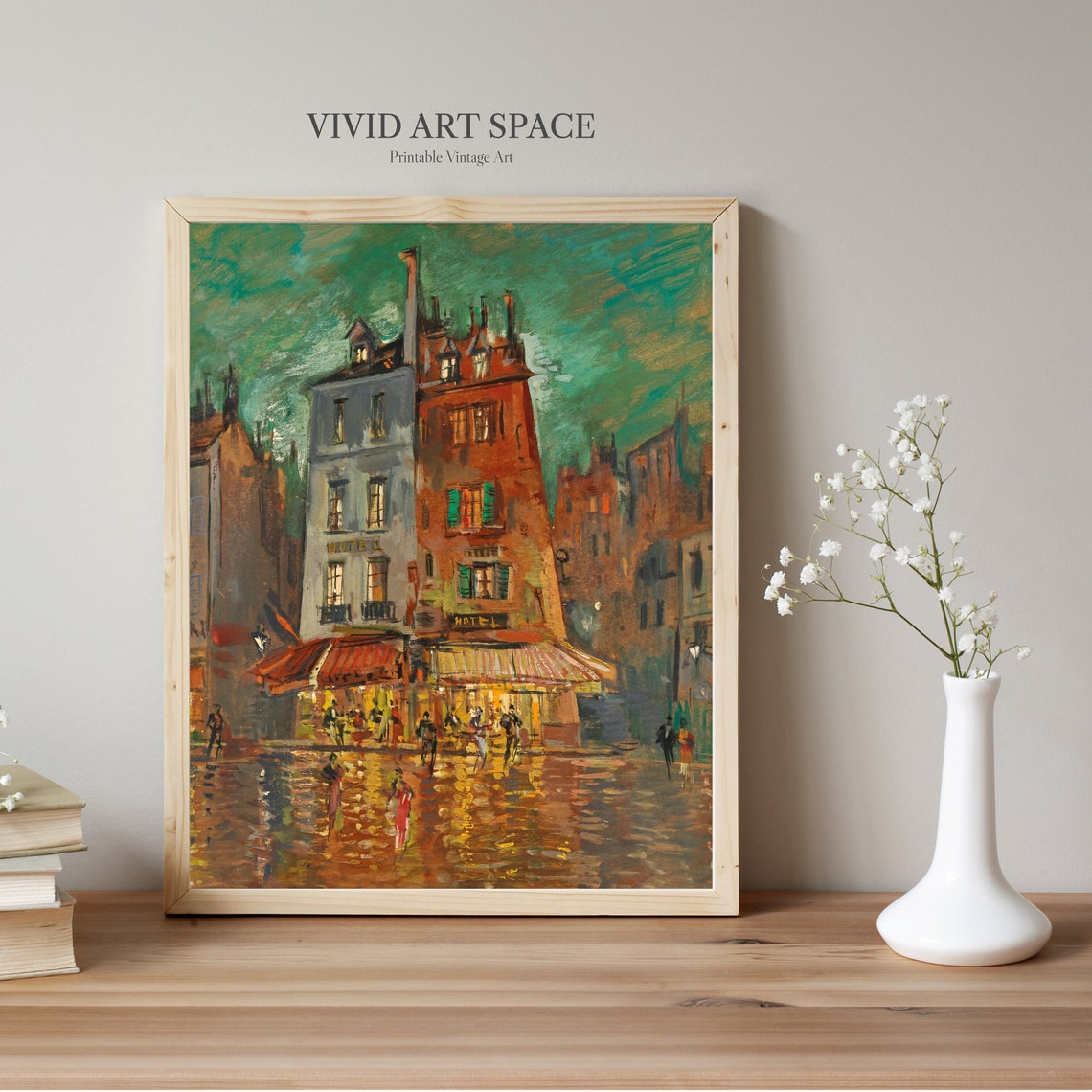Paris Night Street Rainy Vintage Cityscape Oil Painting Print - Image 2